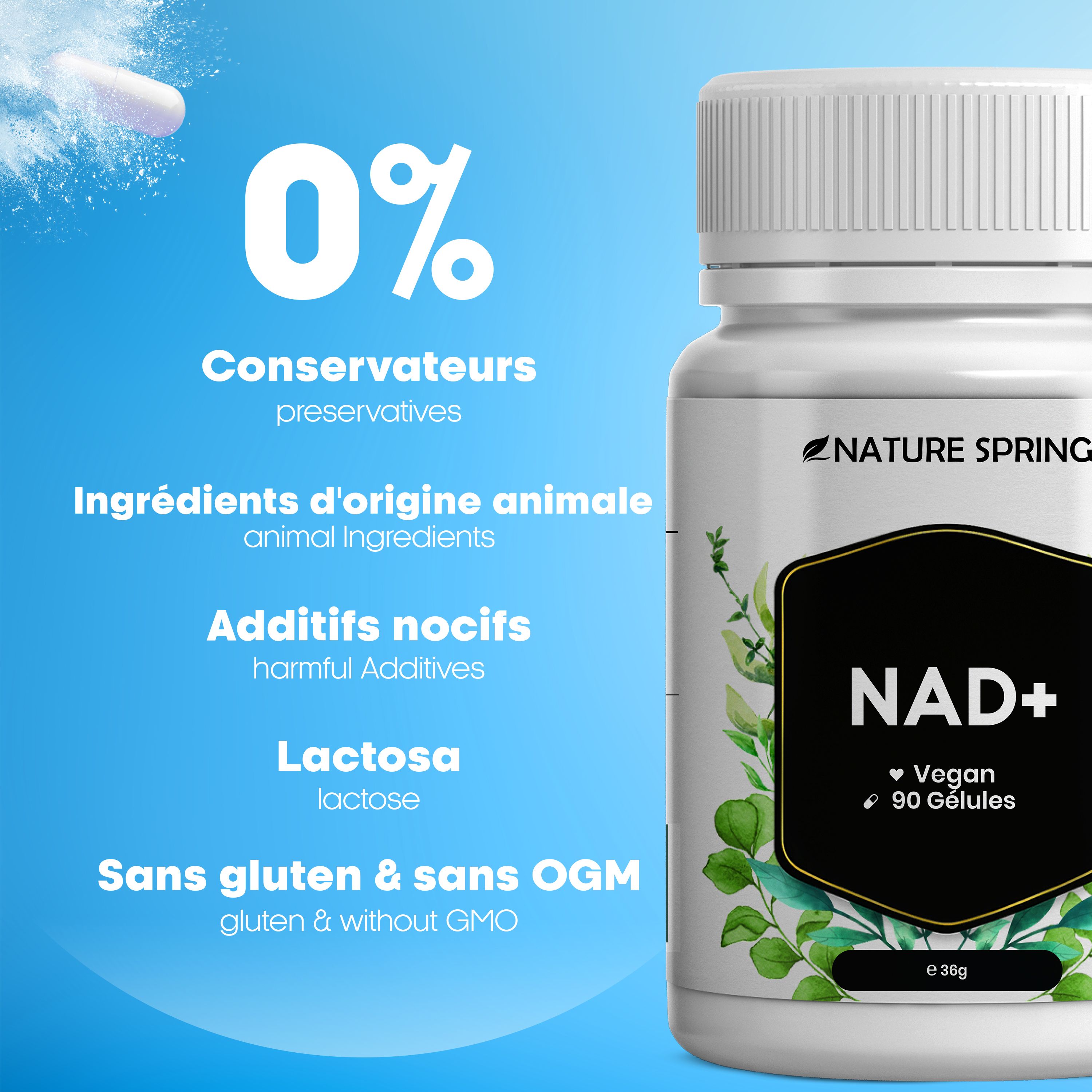 Gélules NAD+ NATURE SPRING : Sans conservateurs, ingrédients animaux, lactose, gluten & OGM.