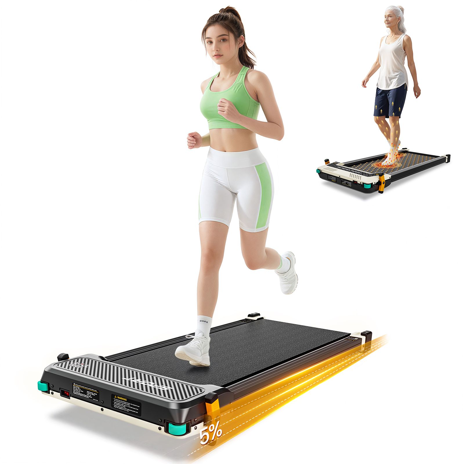 Zwart, platte loopband met persoon die erop rent. Tweede loopband op de achtergrond met persoon die erop staat. Groen-zwarte details.