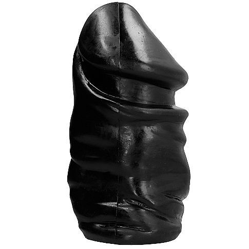 Zwarte dildo met geribbelde textuur, van de zijkant bekeken.