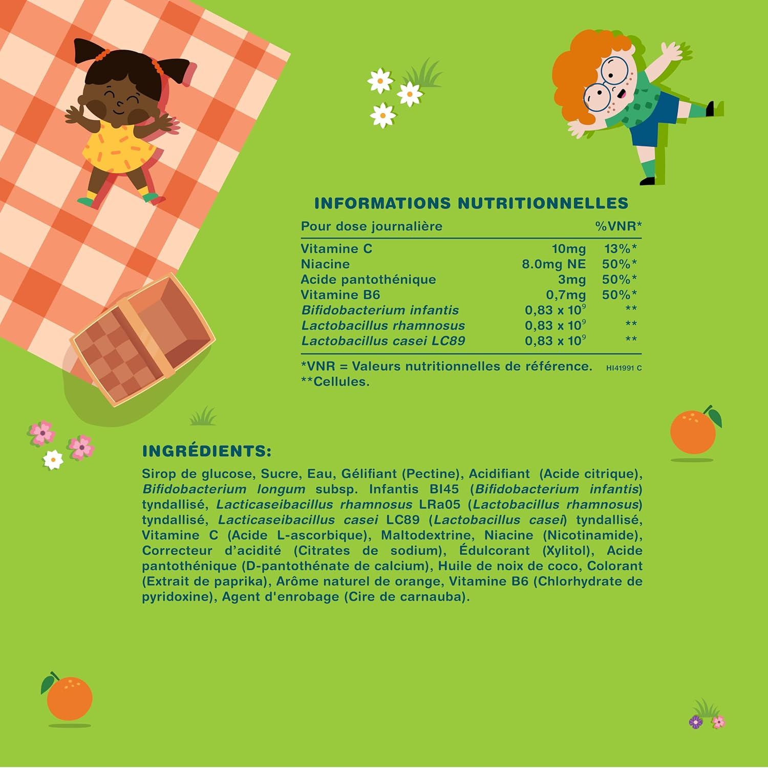 Informations nutritionnelles et ingrédients pour un produit pour enfants avec vitamines et probiotiques.