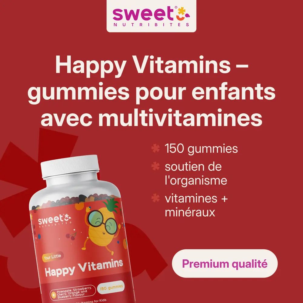 Flacon de vitamines gélifiées. Texte: 150 bonbons gélifiés, soutien de l'organisme, vitamines + minéraux. Qualité premium.