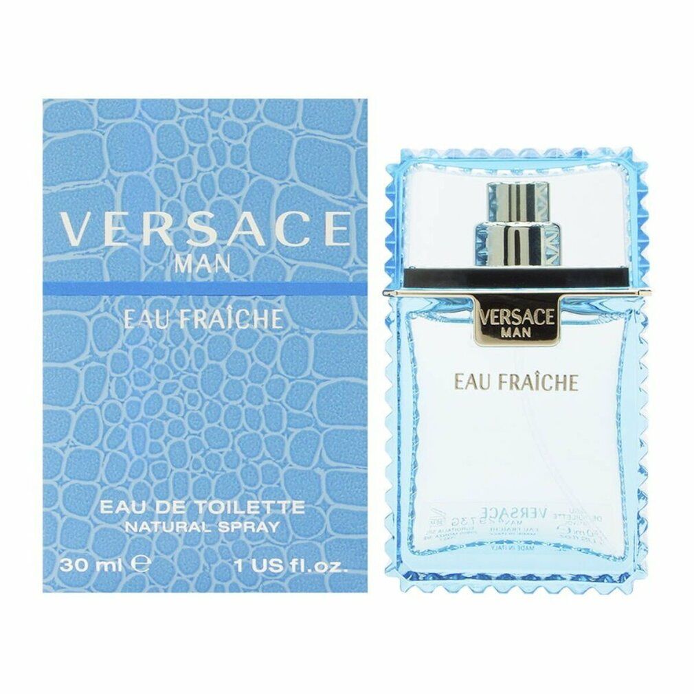 Flacon et emballage Versace Man Eau Fraiche. Emballage bleu avec motif crocodile.