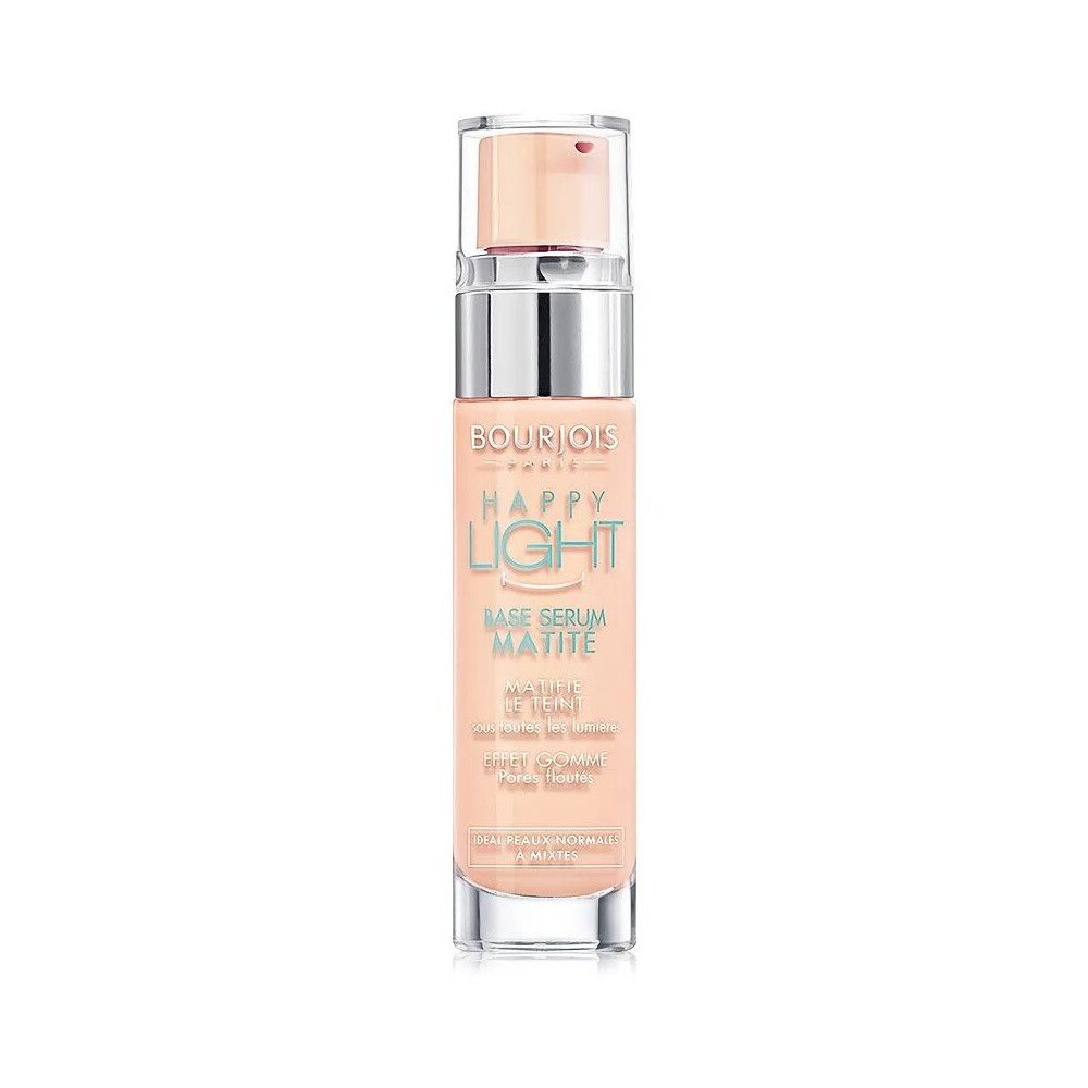 Bourjois Happy Light Mattheit Serumbasis. Beige fles met pomp en tekst. Ideaal voor normale tot gemengde huid.