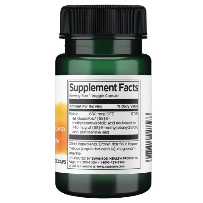 Achterkant van een groene fles met zwarte dop. Etiket met voedingswaarde en ingrediënten. Merk SWANSON.