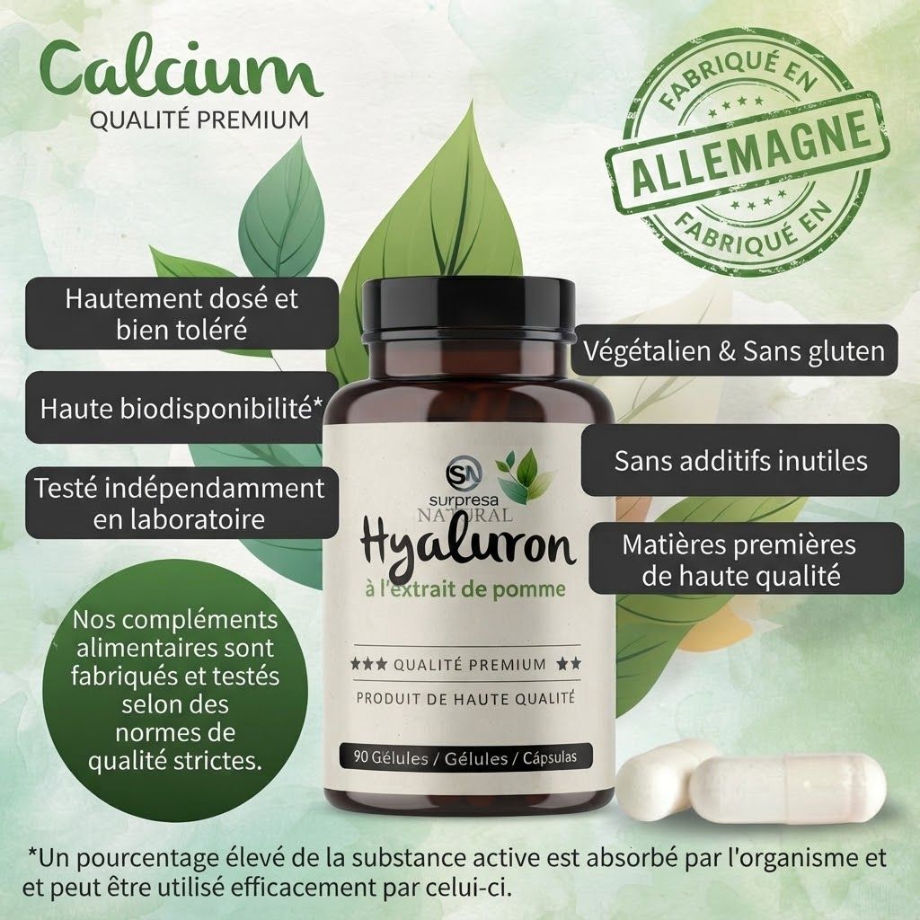 Bouteille de capsules Surpresa Natural Hyaluron avec extrait de pomme. Fabriqué en Allemagne. Vegan & Sans Gluten.