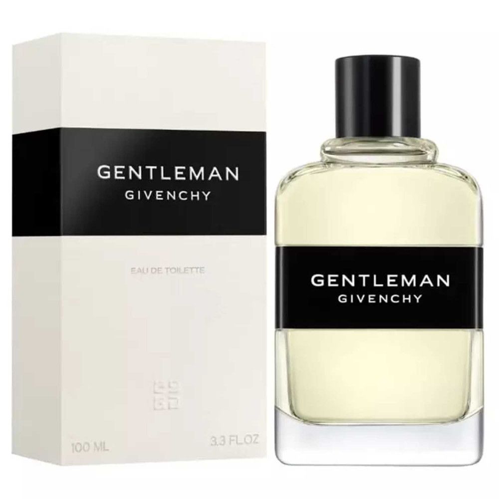 Flacon et emballage. Flacon avec bouchon noir. Étiquette noire avec texte blanc: GENTLEMAN GIVENCHY. Emballage blanc.