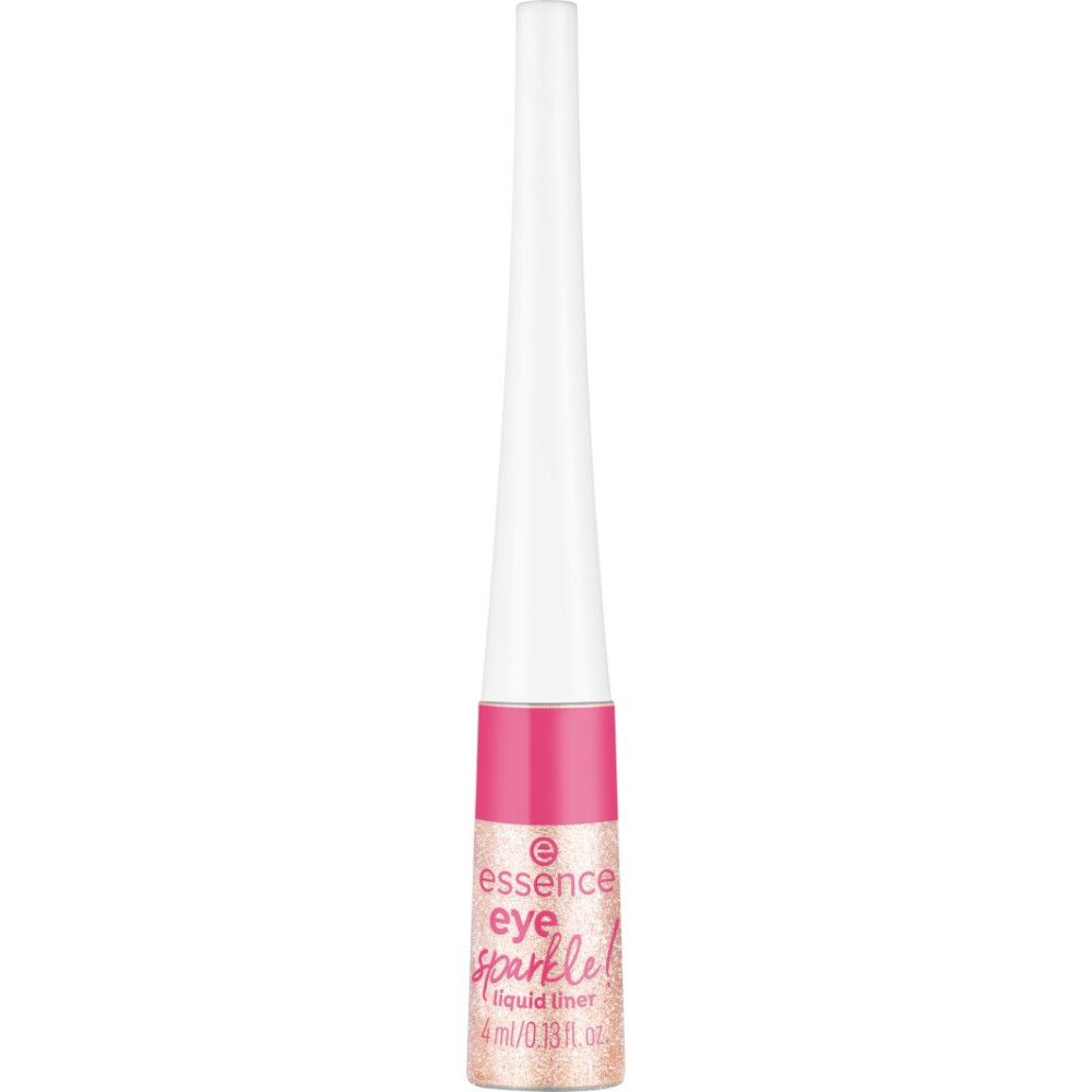 Vloeibare eyeliner in een flesje met witte applicator. Roze accent. Opschrift: eye sparkle liquid liner.