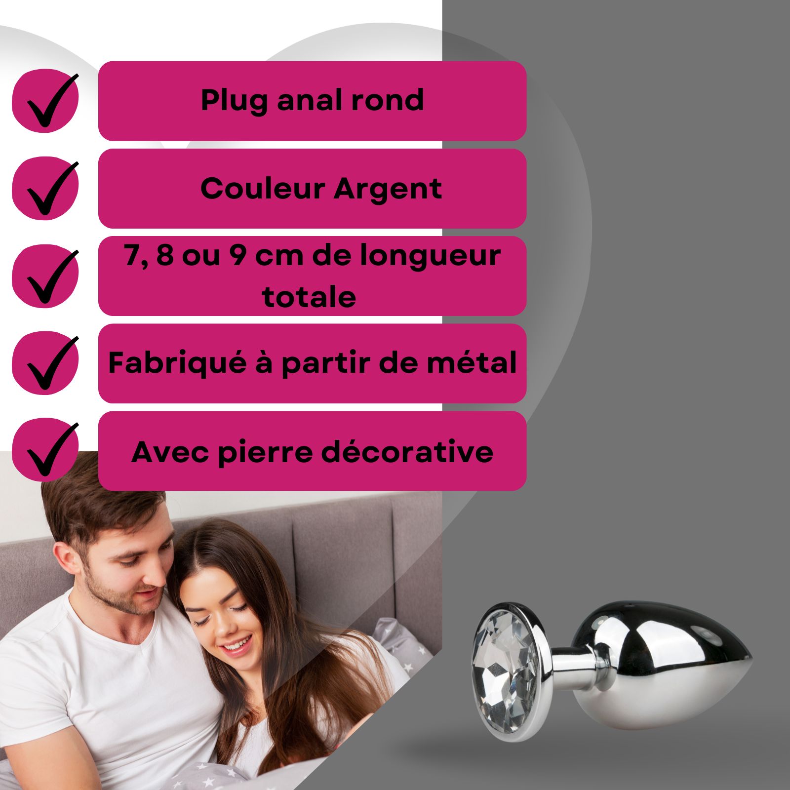 Couple au lit. Plug anal en métal argenté, orné d'une pierre. Texte: Plug anal rond, argent, 7-9cm, métal, pierre.