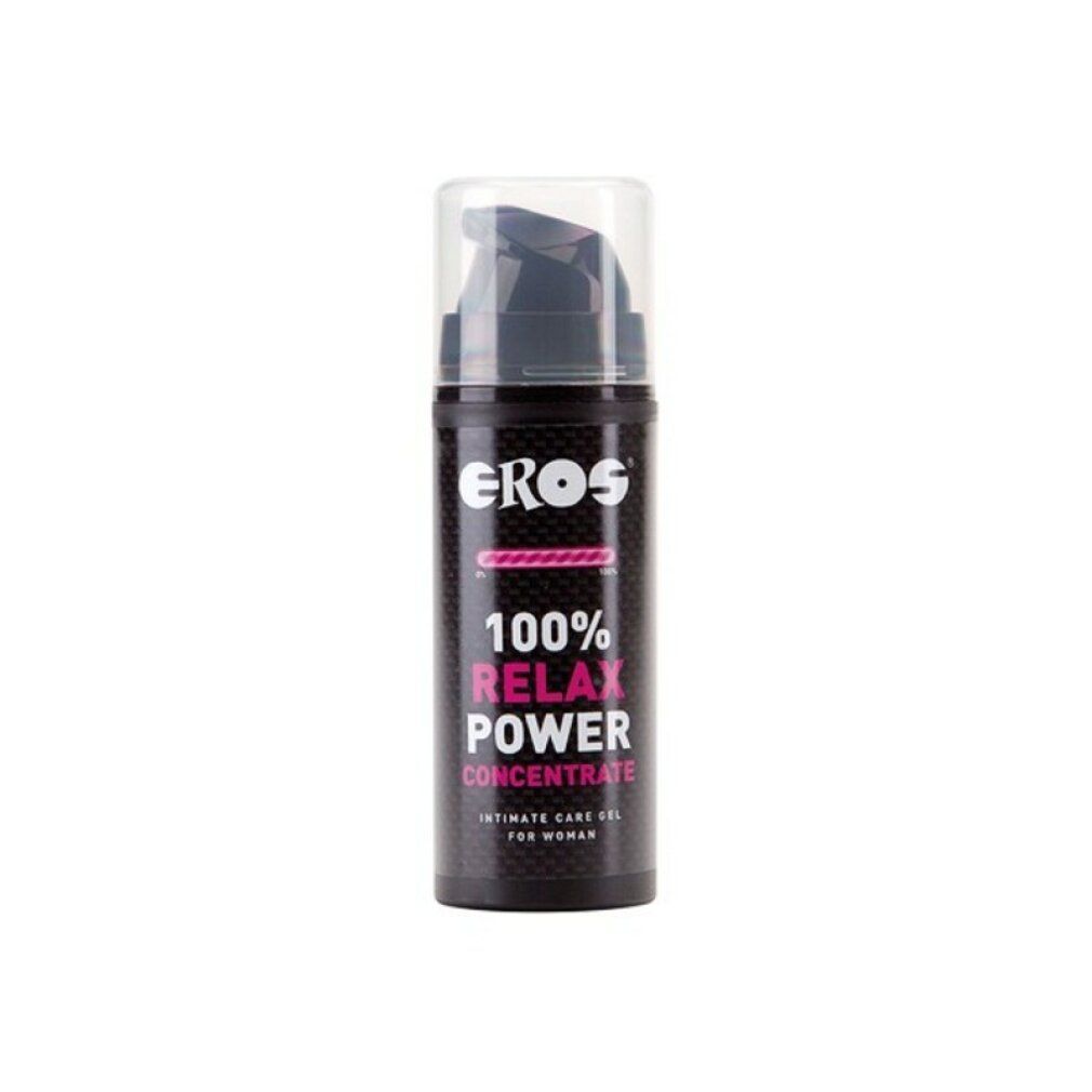 Concentré Eros Relax Power : flacon pompe, étiquette noire avec inscription rose.
