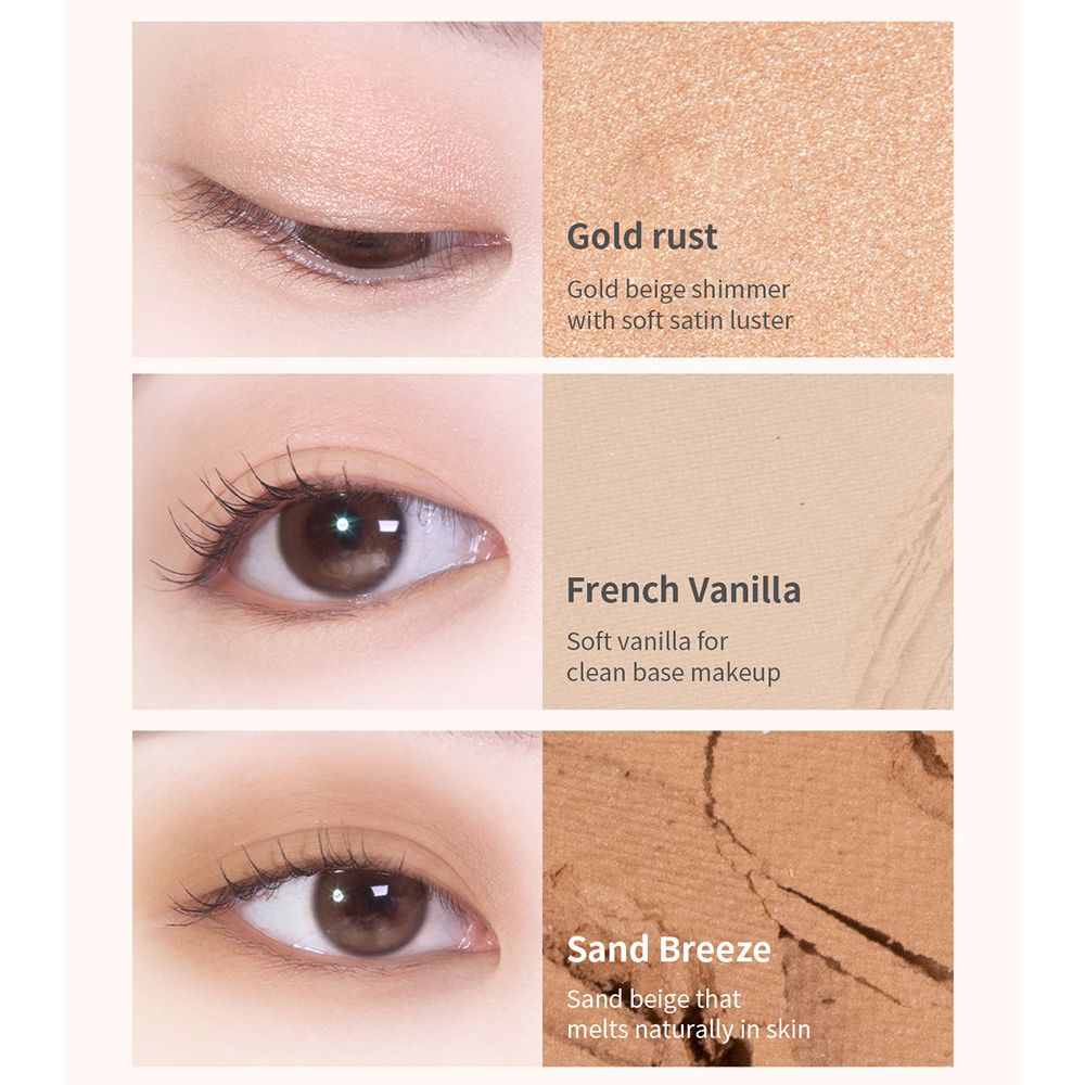 Trois exemples de maquillage des yeux avec des noms de couleurs : Gold Rust, French Vanilla, Sand Breeze. Textures et teintes.