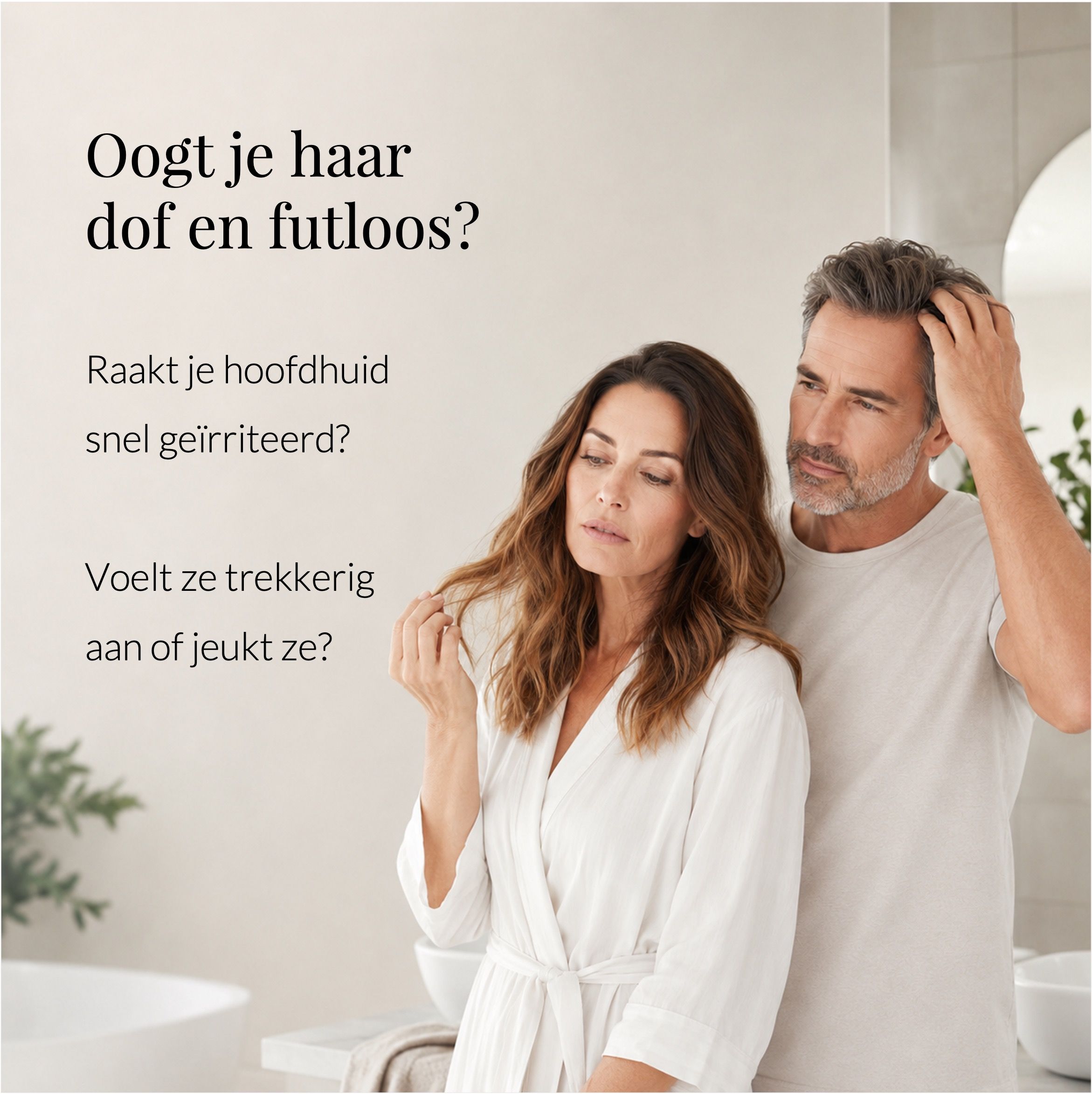 Reclame met man en vrouw. Man raakt haar aan. Tekst.