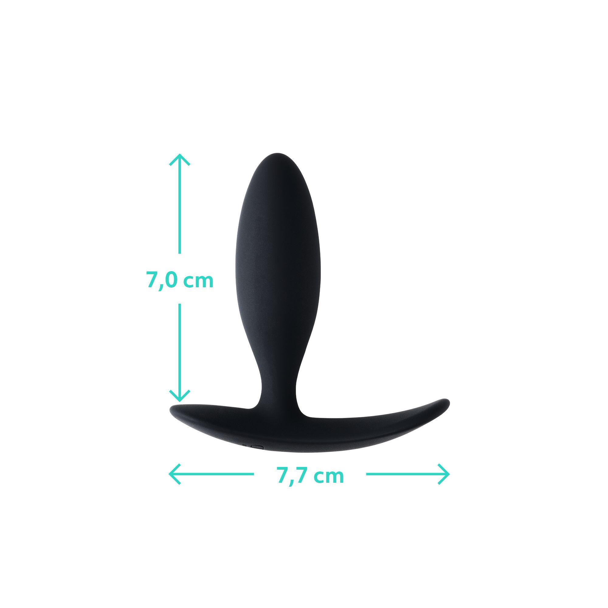 Plug anal noir avec dimensions : 7,0 cm de haut, 7,7 cm de large.