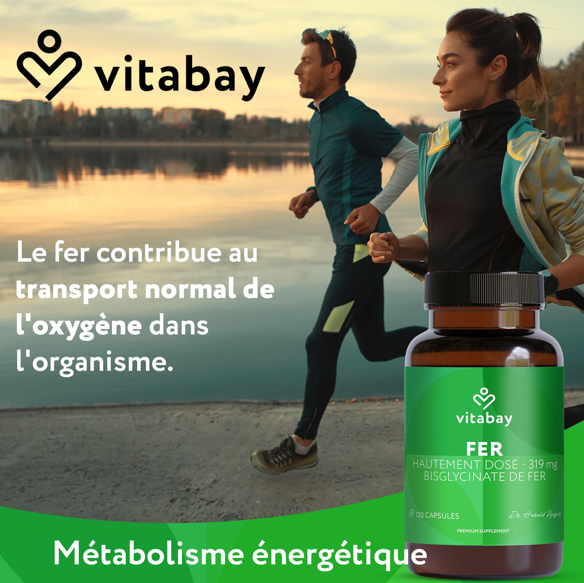 Vitabay Fer Activ 319 mg boîte à côté de coureurs en extérieur.