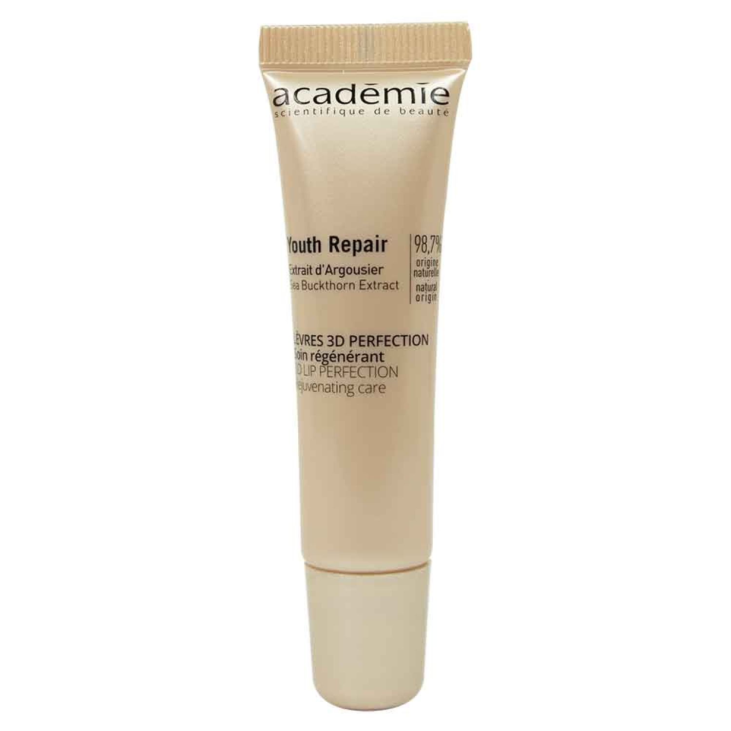 Tube beige Académie Youth Repair. Ingrédients: extrait d'Argousier. Texte: Lèvres 3D Perfection. 98,7% d'ingrédients d'origine naturelle. Soin régénérant.