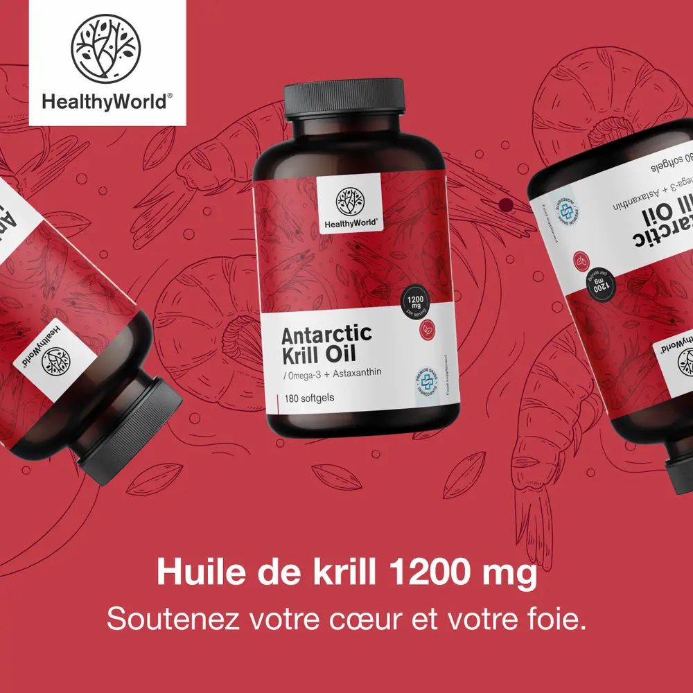 Image produit avec texte: Huile de krill 1200 mg, soutient cœur et foie. Image de flacons. Fond rouge.