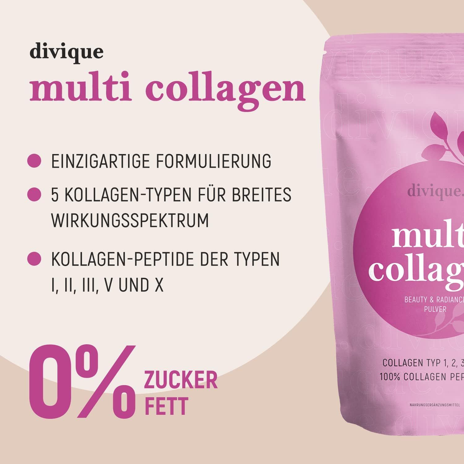Roze poederzak met tekst: divique multi collagen. 0% suiker, 0% vet. Bevat collageenpeptiden.