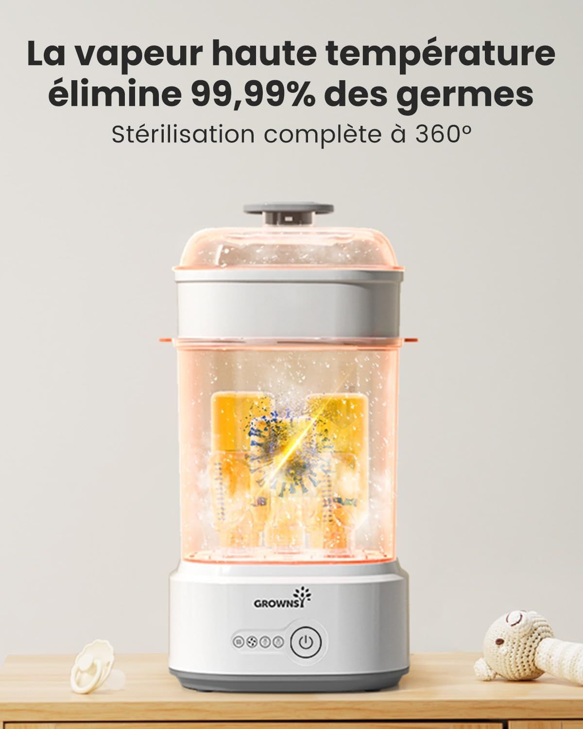 Stérilisateur blanc pour biberons à deux niveaux. L'appareil dispose d'un panneau de commande avec des boutons et un logo.