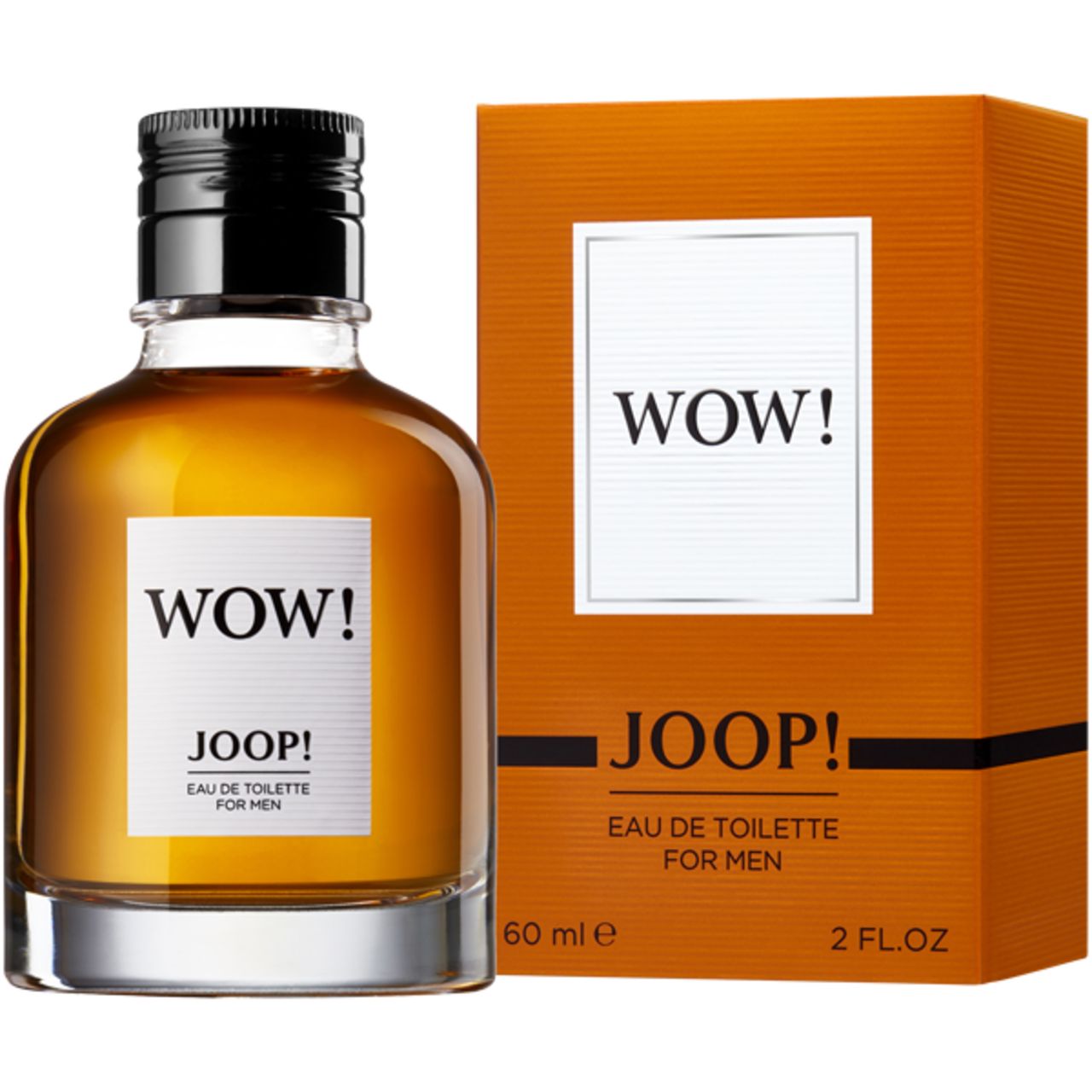 Flacon Joop! Wow EdT et emballage. Flacon avec bouchon noir, emballage orange avec texte blanc.