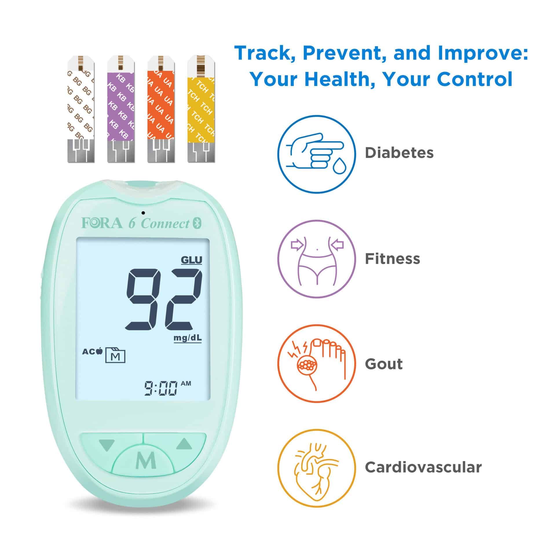 Glucosemeter met display, teststrips. Toont 92 mg/dl. Met diabetes-, fitness-, jicht- en cardiovasculaire iconen.
