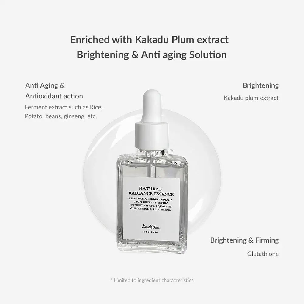 Flacon d'essence avec texte. Inscription : Natural Radiance Essence. Avec texte sur les ingrédients et les effets.