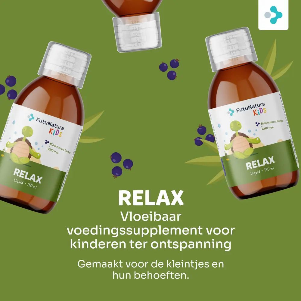Meerdere flessen FutuNatura Relax. Productnaam en logo duidelijk zichtbaar. Schildpad illustratie.
