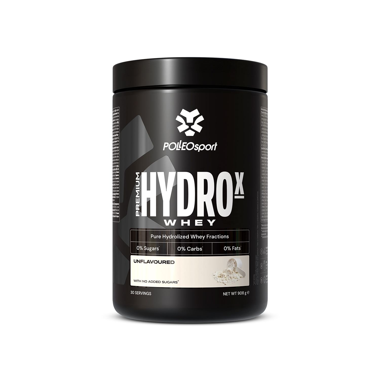 Zwarte pot met wit logo en tekst: PREMIUM HYDROX WHEY. 0% suiker, 0% koolhydraten, 0% vet. Zonder smaak.