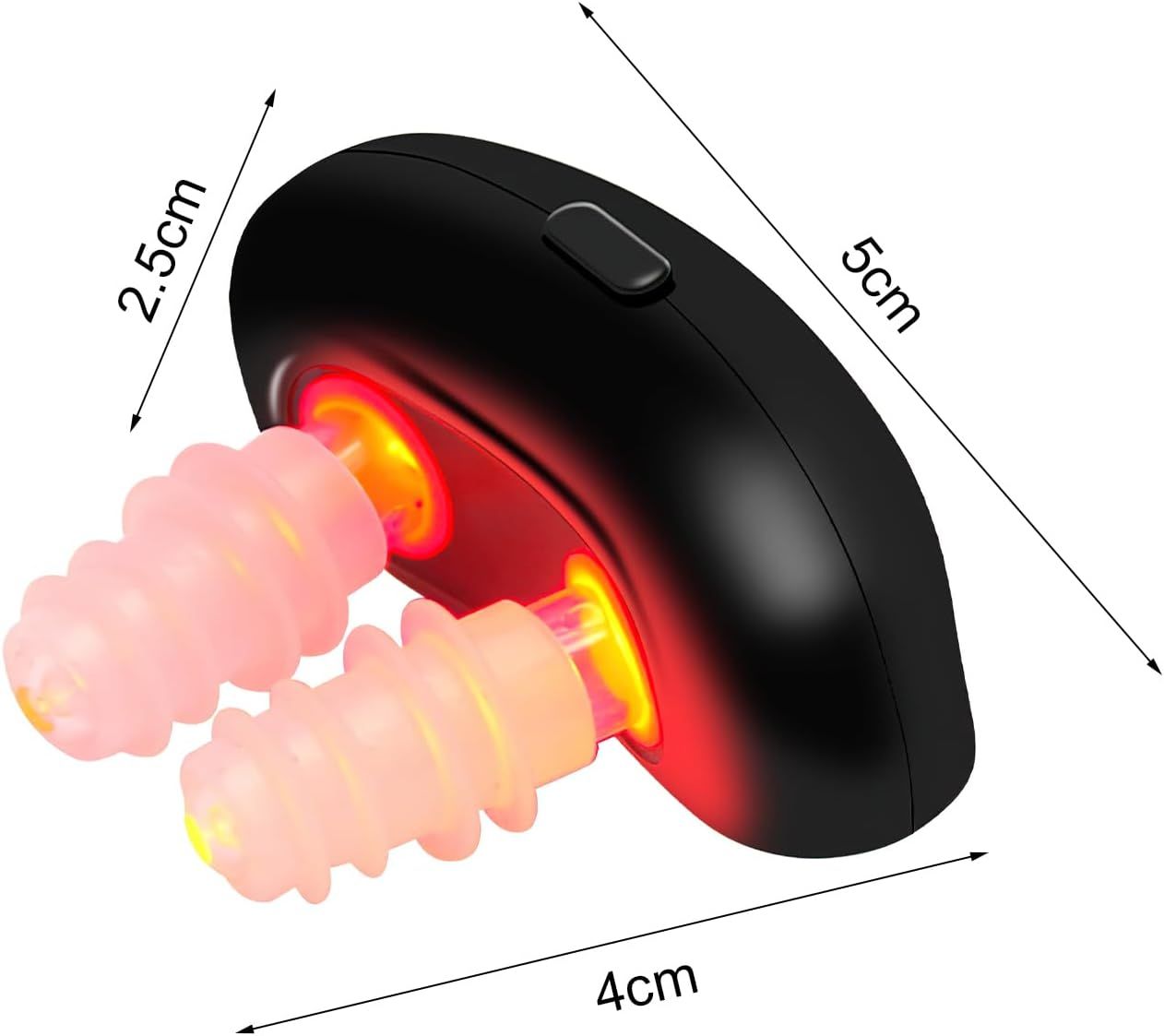 Zwart neusapparaat met twee neusopzetstukken. Afmetingen: 5x4x2,5 cm. Opzetstukken van transparant materiaal. Rode lichtbron.