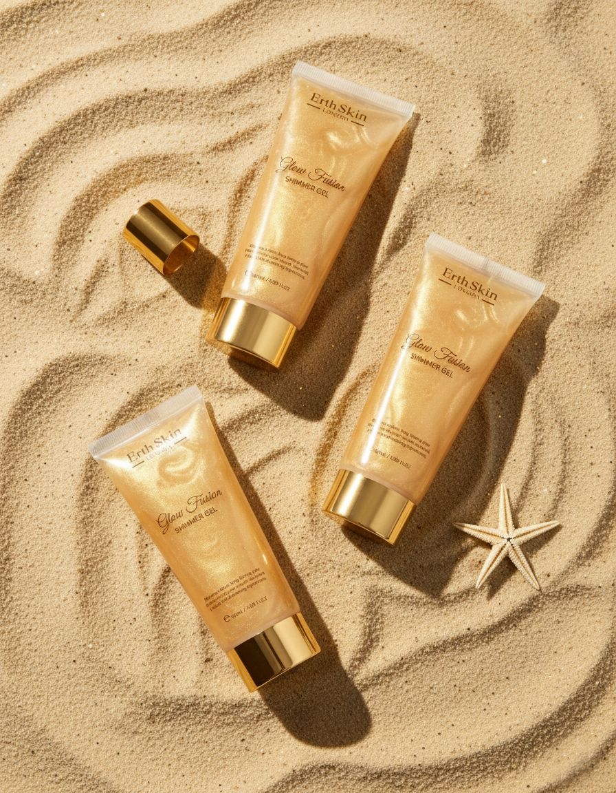 Trois tubes de gel scintillant doré sur du sable. Un bouchon est à côté. Une étoile de mer.