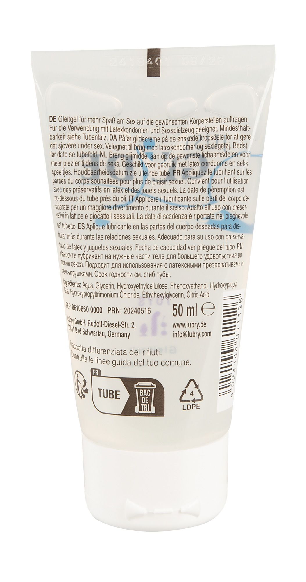 Achterkant van een 50ml tube glijmiddel. Bevat ingrediënten en instructies.