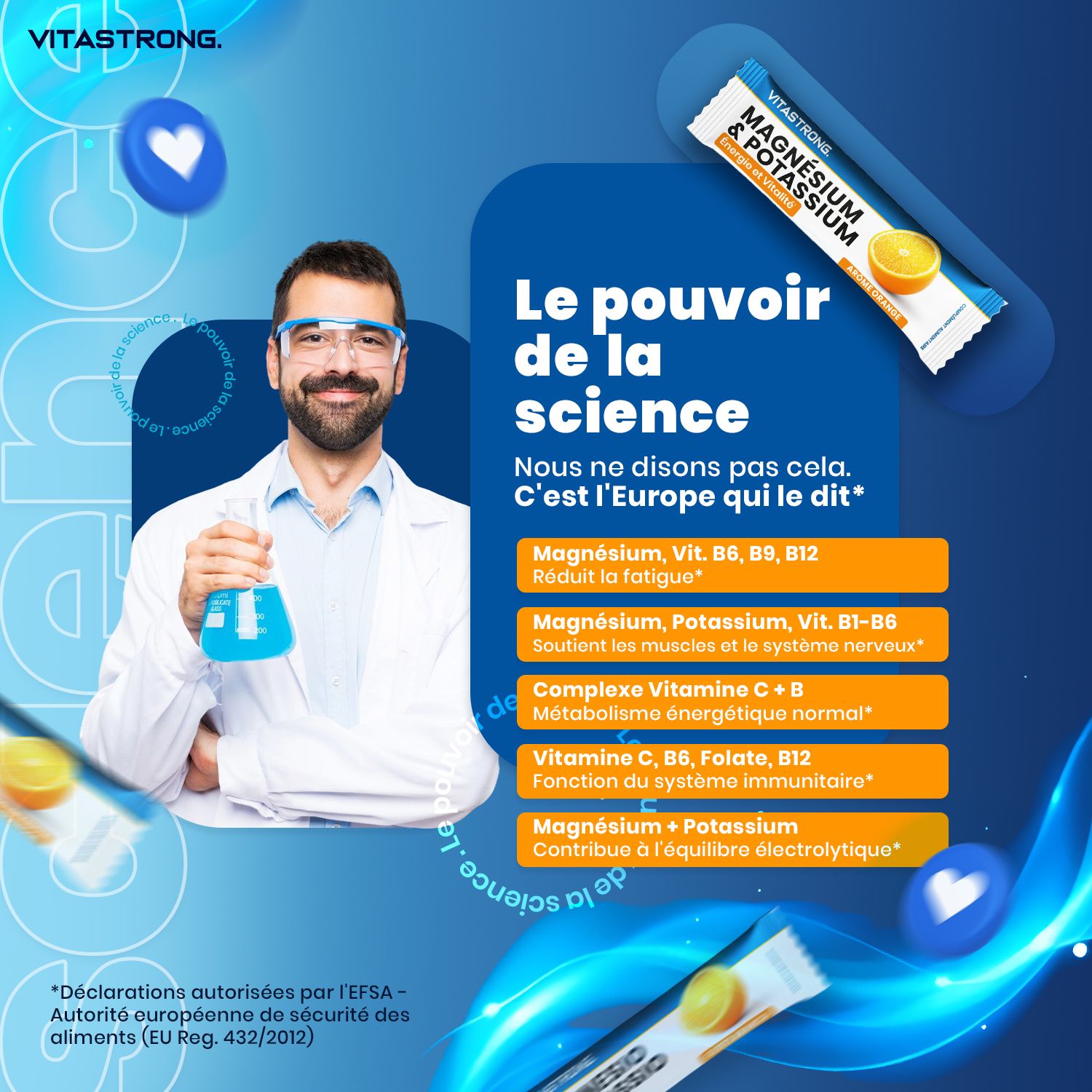 Vitastrong Magnesium & Kalium. Verpakking met product en stick. 10-in-1 formule. 24 sticks. Sinaasappelsmaak. Afbeelding.