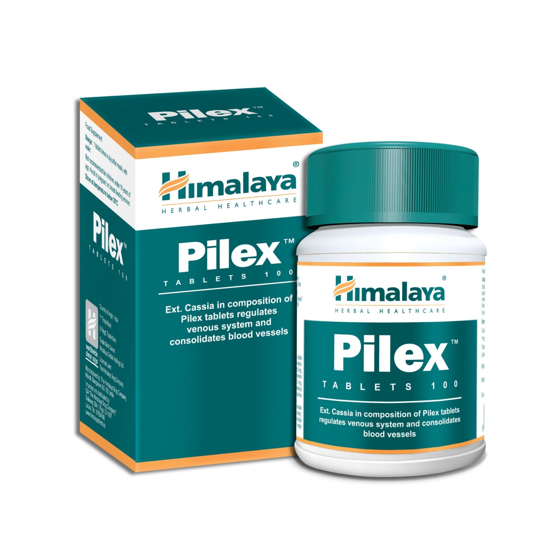 Comprimés Himalaya Pilex (100 pièces) dans une bouteille blanche avec bouchon vert et emballage extérieur. Pour le système veineux.