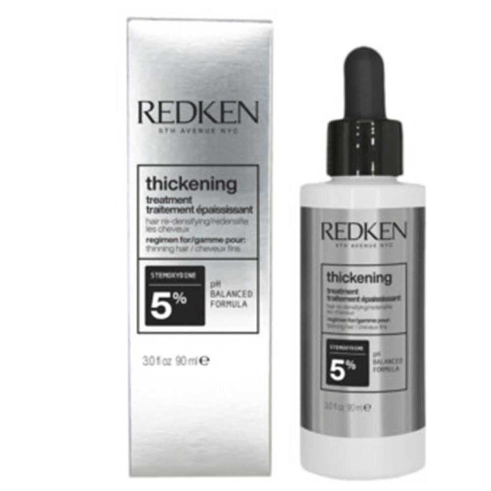 Redken-product met verpakking. Opschrift: thickening treatment. Bevat 5% Stemoxydine. Fles met druppelaar.