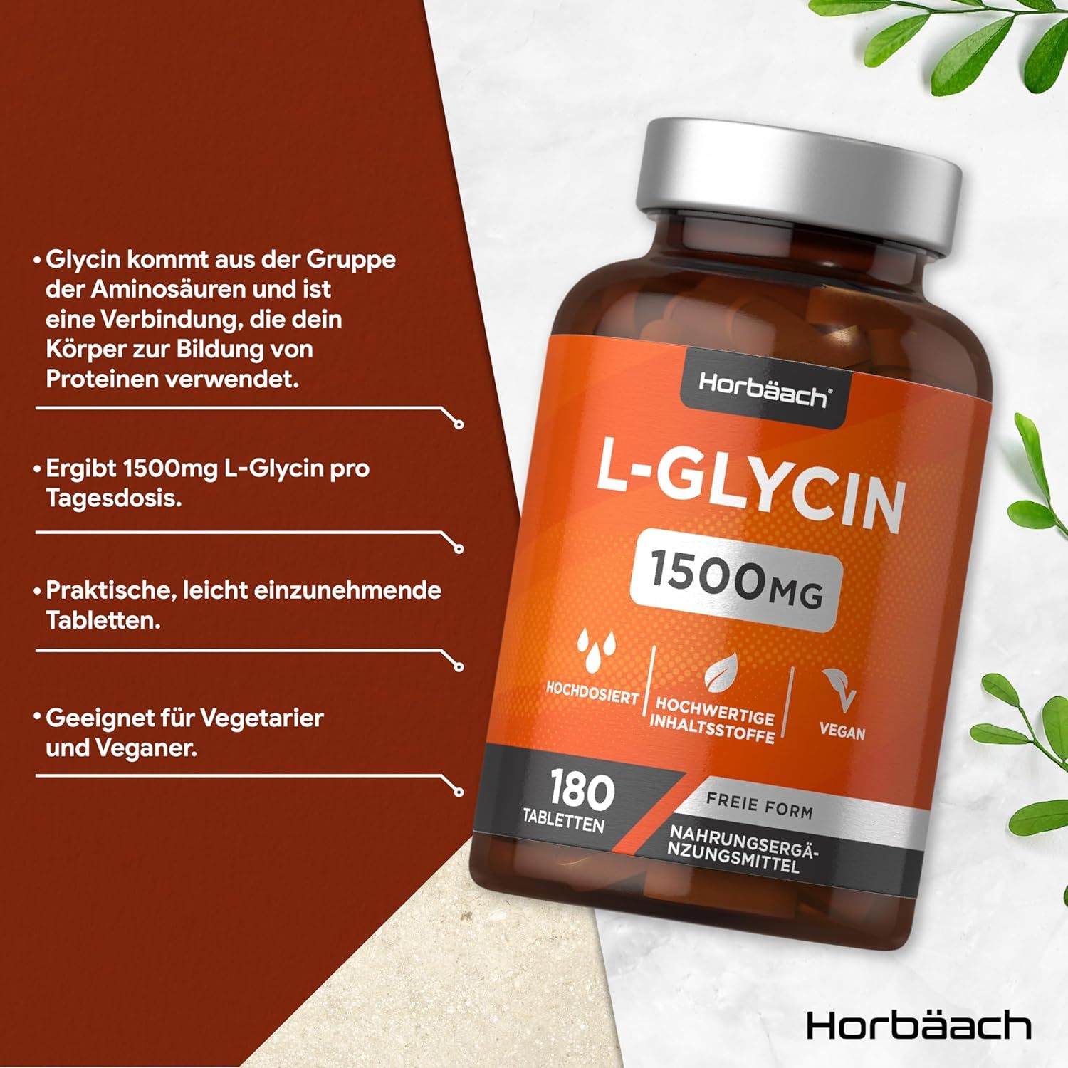 Flacon brun avec étiquette orange. Contient 180 comprimés de L-Glycine 1500mg. Vegan.