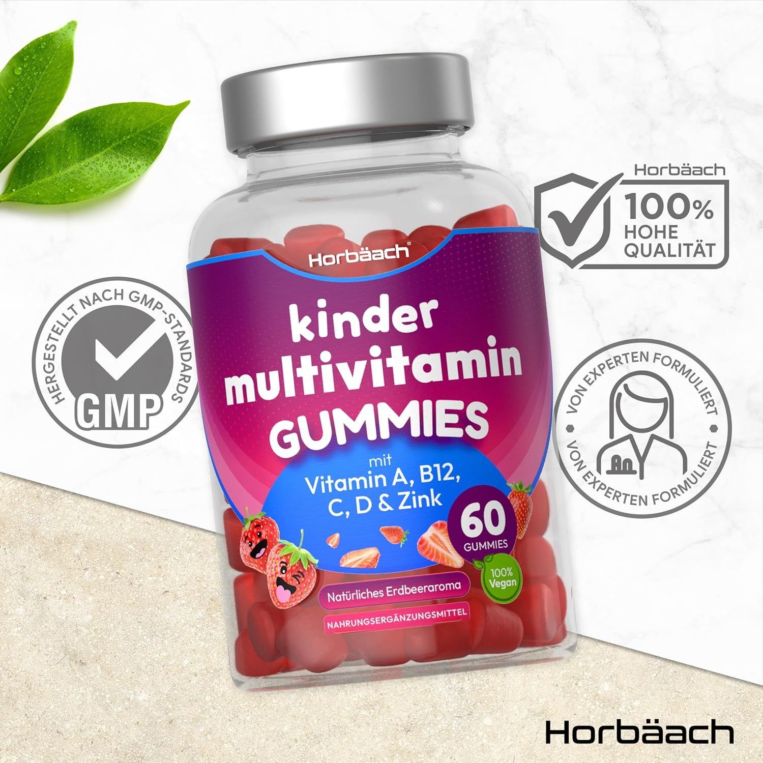 Horbaach Gommes multivitamines pour enfants. 100% haute qualité. Normes GMP. Formulé par des experts. Flacon de 60 gommes. Végétalien.