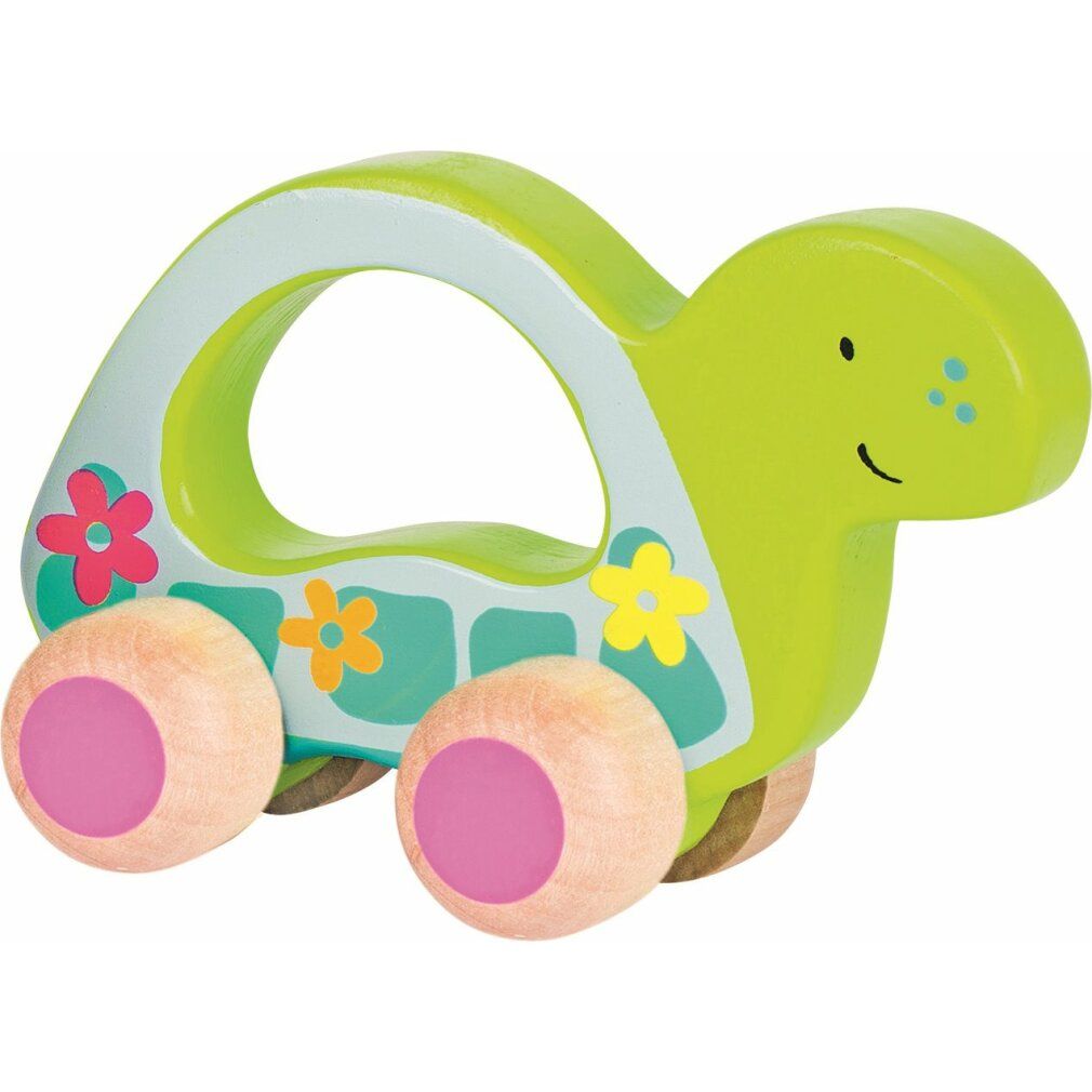 Houten speelgoed in de vorm van een schildpad met wielen. Groen met bloemen. Roze wielen.