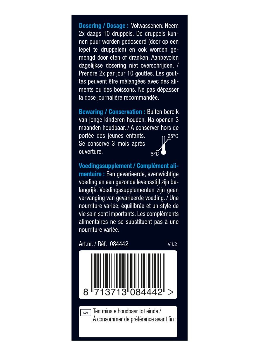 Achterkant van de verpakking van Lucovitaal Vitamine B12 Druppels. Bevat informatie over dosering, opslag en voedingswaarde. Barcode.