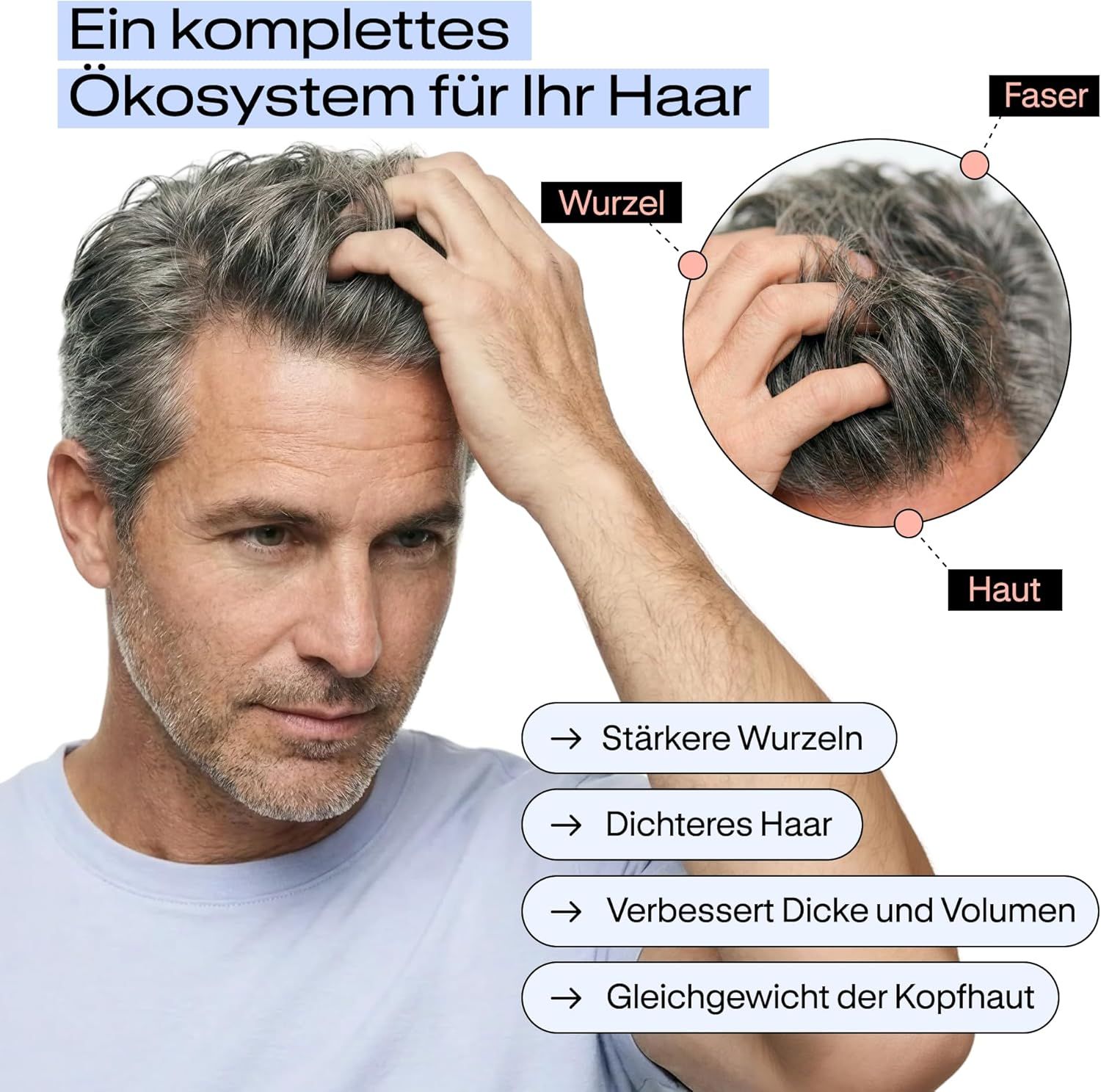 Homme se grattant la tête. "Un écosystème complet pour vos cheveux".