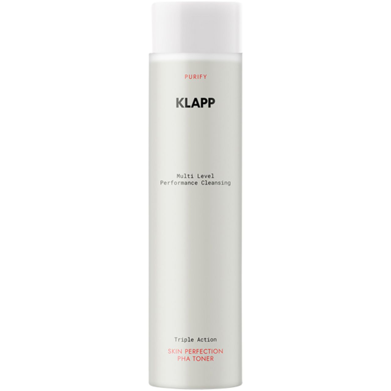 Cilindrische fles met witte dop. Opschrift: KLAPP, Multi Level Performance Cleansing, Skin Perfection PHA Toner.