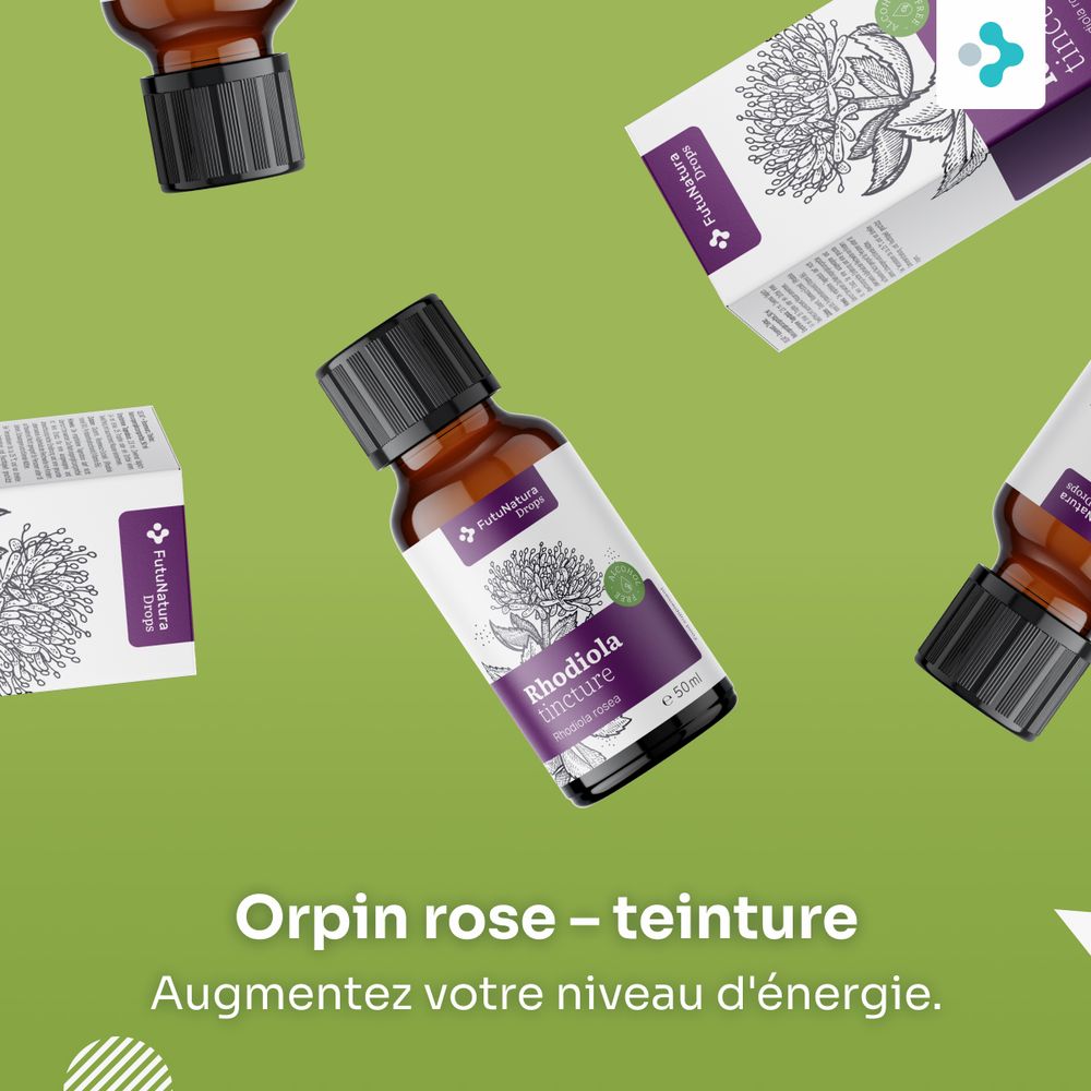 Bouteille et boîte de teinture de Rhodiola Rosea à côté d'une femme détendue.