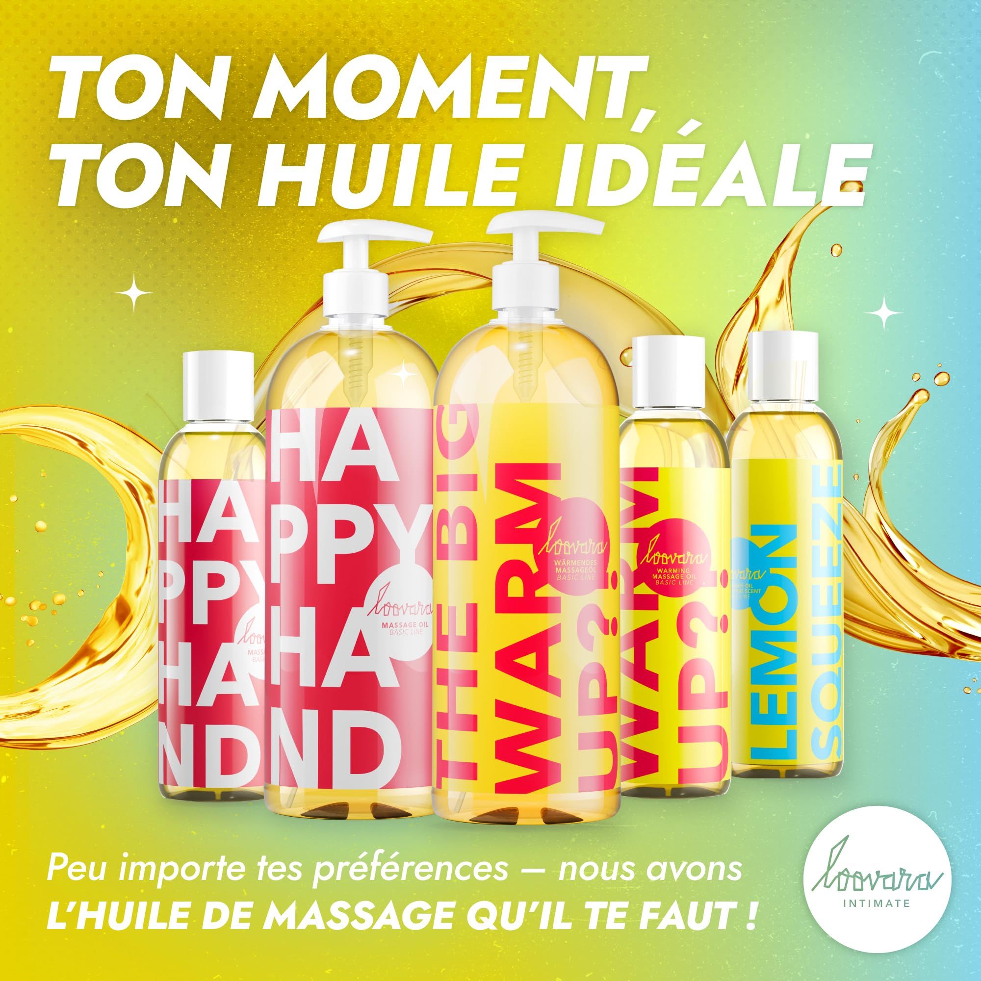 Bouteilles d'huiles de massage Loovara, dont Lemon Squeeze, avec éclaboussures d'huile.