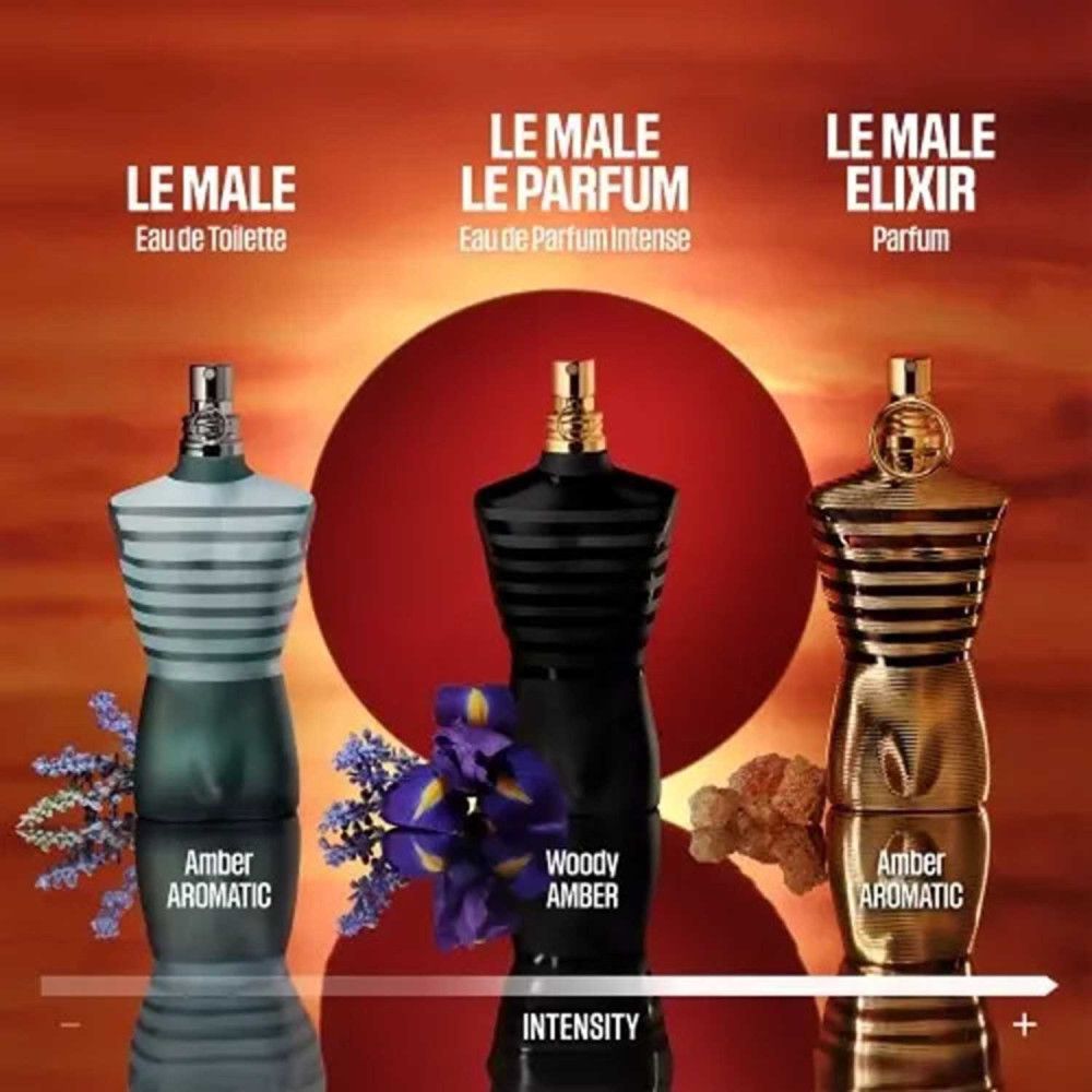 Drie torso-vormige flacons. Links: Le Male Eau de Toilette. Midden: Le Male Le Parfum. Rechts: Le Male Elixir. Met opschriften.