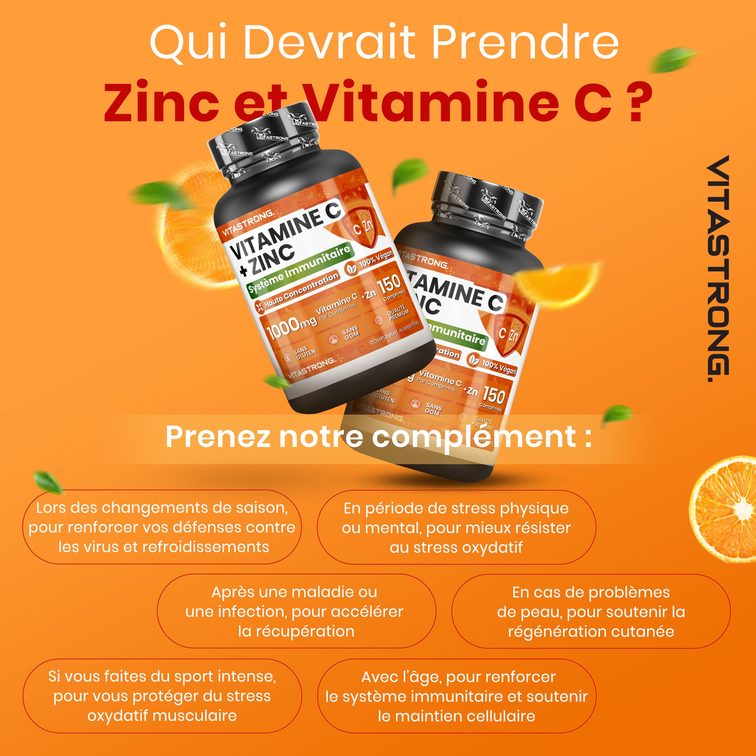 Vitastrong Vitamine C + Zink fles. Sinaasappels en glas. 1000mg vitamine C, 10mg zink. Premium kwaliteit.