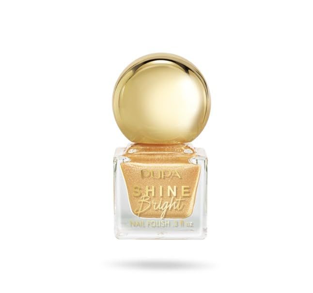 Pupa Shine Bright Nagellak Golden Sand. Glinsterende gouden nagellak in een transparant flesje met gouden dop.