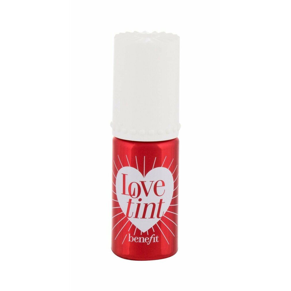 Rode, cilindrische fles met witte dop. Op de fles staat "Love tint" in een hart. Daaronder staat "benefit".