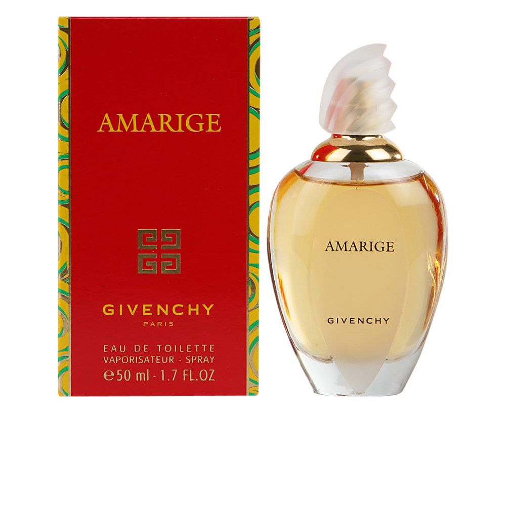 Givenchy Amarige Eau de Toilette. Rode doos met geel patroon. Fles met gouden dop en opschrift Amarige.