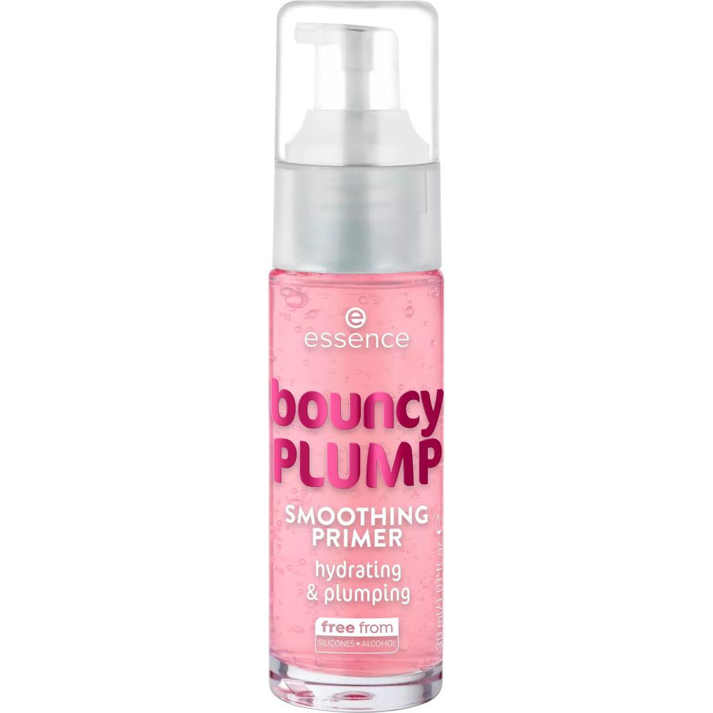 Flacon rose de primer pour le visage avec pompe. Inscription : Bouncy Plump, Smoothing Primer, hydrating & plumping, free from.