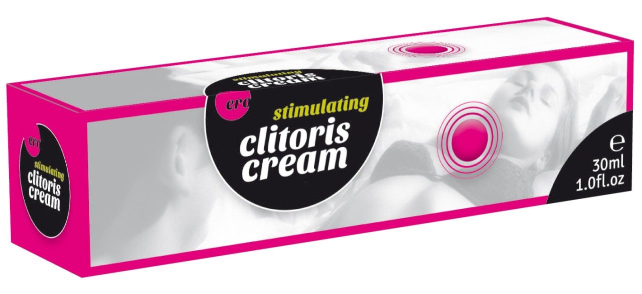 Verpakking met erotische afbeeldingen, productnaam 'stimulating clitoris cream' en 30ml aanduiding.