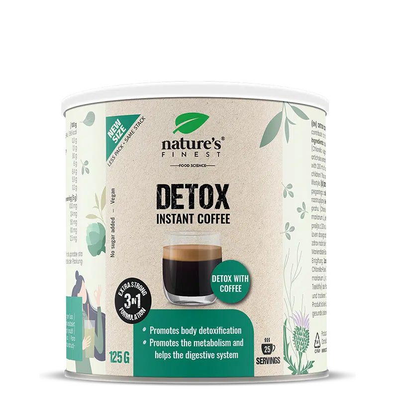 Boîte de café instantané détox Nature's Finest, 125g. Mention "Detox with Coffee".