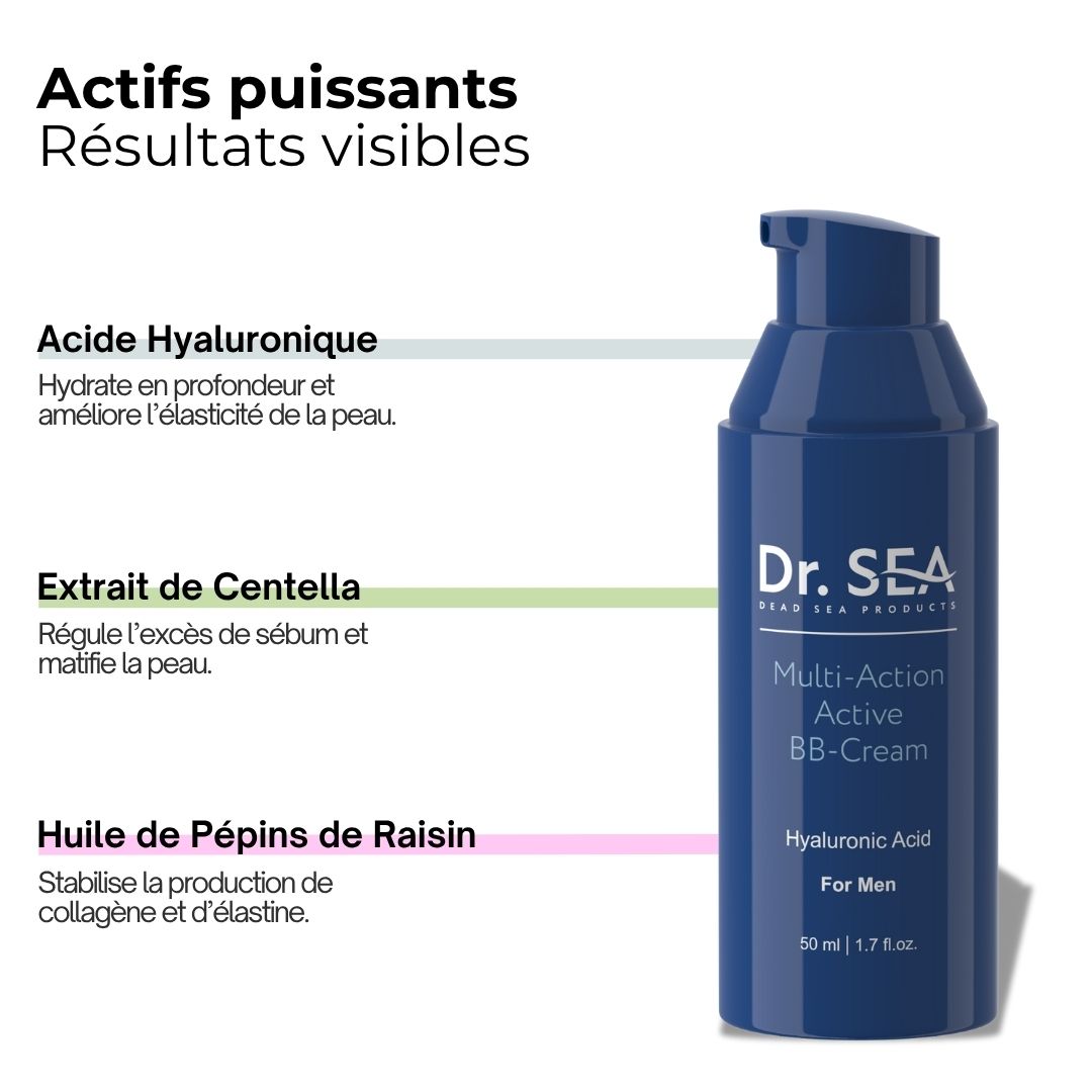 Flacon bleu avec Dr. SEA BB-Crème Multi-Action pour hommes. Texte sur les ingrédients: acide hyaluronique, extrait de Centella, huile de pépins de raisin.
