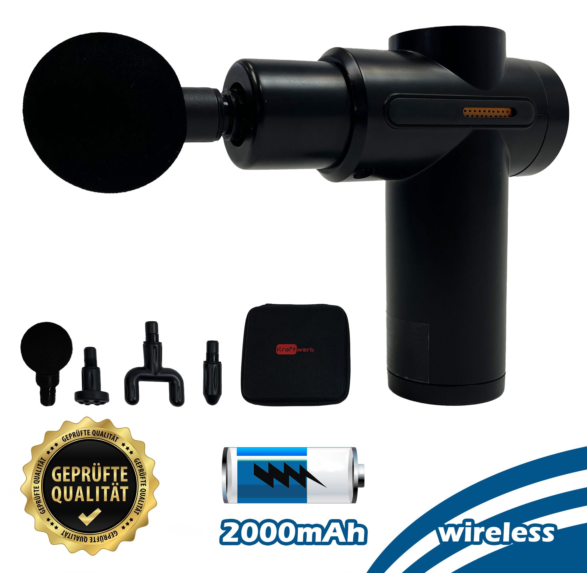Pistolet de massage noir avec accessoires et batterie. Autocollant doré "Geprüfte Qualität". Texte: "wireless" et "2000mAh".